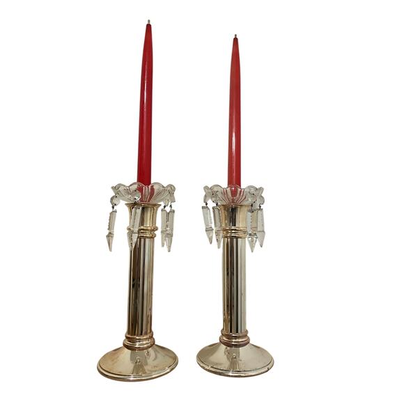 Two Candlesticks 11" Tall Mercury Chrome & Glass Vintage Candles Included - Picture 1 of 5